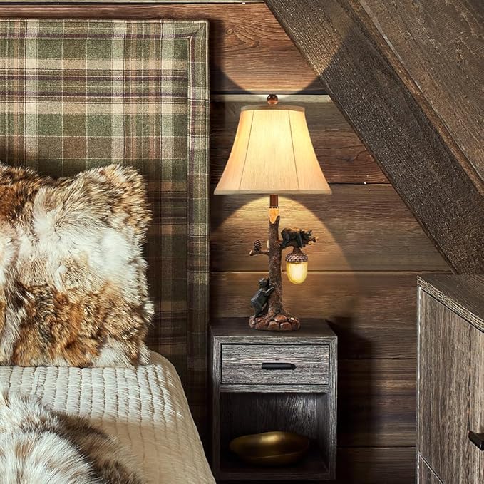 LOKHOM Rustic Western Bear Table Lamp with Nightlight Set of 2, 26“ Rustic Bedside Lamp with USB & Type C, Touch Control Natural Bears Table Lamp for Bedroom Living Room Foyer Office