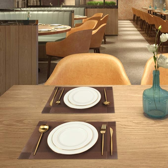 DACHUI Placemats, Heat-Resistant Placemats Stain Resistant Anti-Skid Washable PVC Table Mats Woven Vinyl Place mats (6pcs, Brown-Cross)