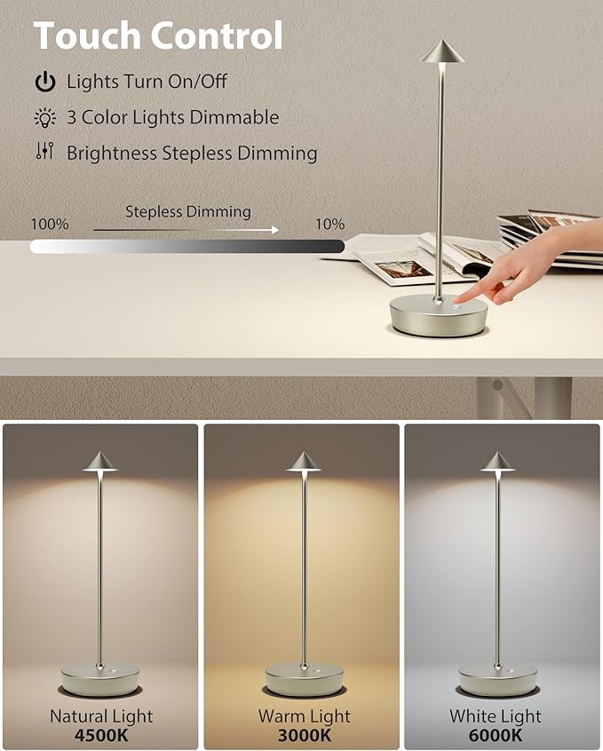 Cordless Table Lamps Rechargeable, 6000mAh Battery Operated LED Desk Lamp Outdoor Waterproof Portable Touch Dimmable Table Night Light for Patio Restaurant Dining Home Silver