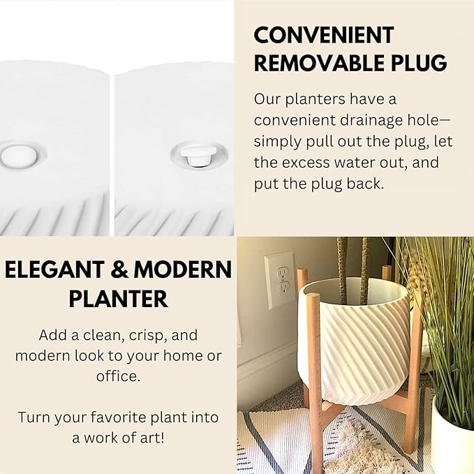Fox & Fern Large 12 Inch Planter with Drainage Plug — Premium Polystone White Plant Pot; Modern Planter with 3D Texture and Ceramic Finish; 12 Inch Pots for Plants Indoor & Outdoor
