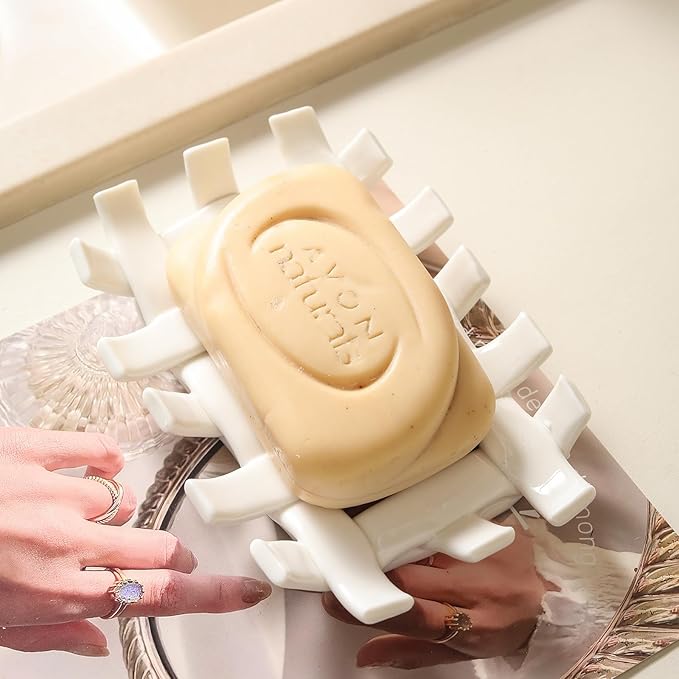 Ceramic Soap Dish with Self Drain for Shower, Bar Soap Holder to Lift and Keep Dry, Concave Design to Prevent Slipping, Suitable for Kitchen and Bathroom, White
