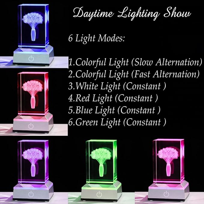3D Crystal Babys Breath with Colorful Light Base Laser Engraved- Fake Baby Breath Flowers Figurines Statue Laser Engraved - Baby's Breath Room Party Classroom Nature Decor Birthday Mothers Day Valenti