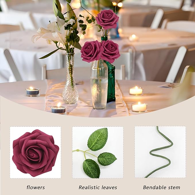 200PCS Artificial Flowers Burgundy Roses Real Looking Foam Fake Roses with Leaves and for DIY Wedding Bouquets Bridal Shower Centerpieces Party Decorations (Burgundy, 200)
