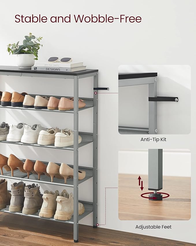 VASAGLE Shoe Rack for Entryway, 5-Tier Shoe Rack Organizer with Storage Shelves and Spacious Top, Freestanding, Adjustable, Industrial, Charcoal Grey and Metallic Silver ULBS038E22