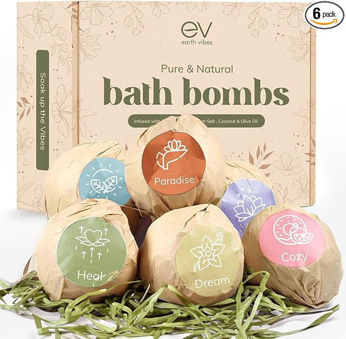 Earth Vibes Bath Bombs Gift Set - USA Made XXL Natural Bath Fizzies Infused with Essential Oils - Moisturizes Dry Skin, Organic Olive Oil, Coconut Oil, Epsom Salt - Women Men Kids - 6 x 5oz