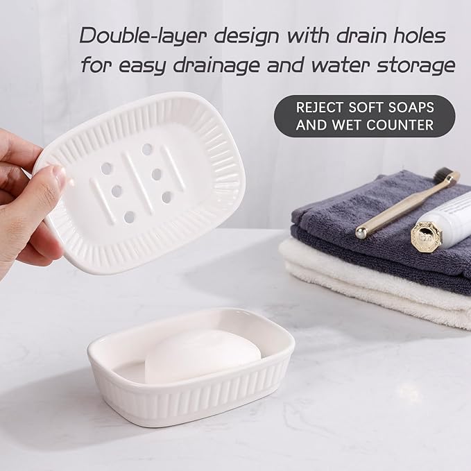 Ceramic Soap Dish, Self-draining Soap Holder, Double Layer Bar Soap Holder, White Draining Soap Dishes for Bathroom Shower Kitchen, Minimalist Vintage Style, Keep Soap Dry, ANTIS'S HOME