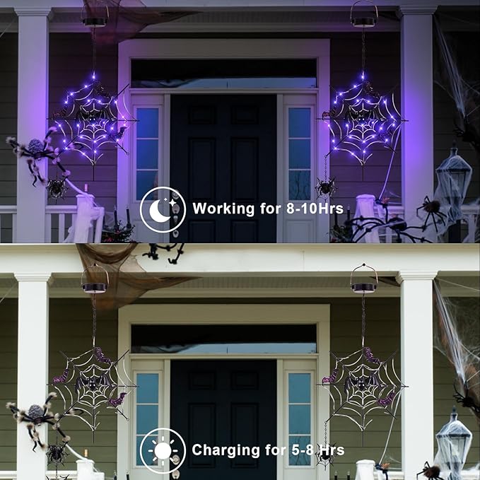 ILLUMINEW Solar Halloween Metal Hanging Decorations Outdoor, LED Lighted Metal Web with Spider for Halloween Outdoor Tree, Wall, Porch, Patio Decor (Web)