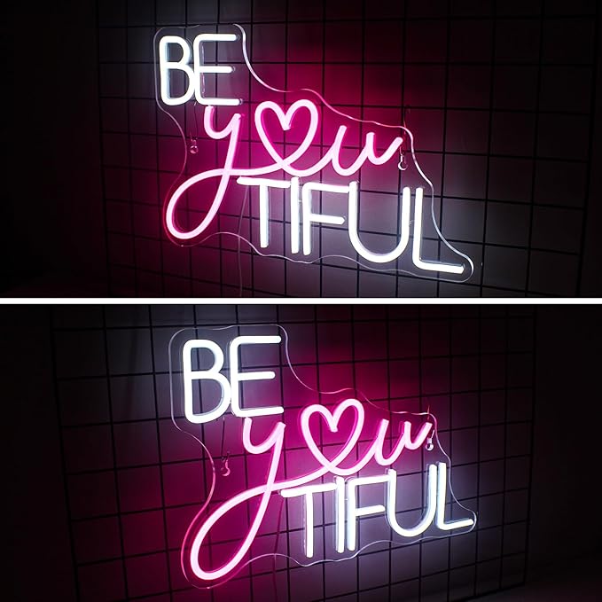 Be You Tiful Neon Led Sign, Rectangular Pink Neon Light Sign, 16.5''*11.6'', Wall Mount, Modern Love Theme, USB Powered, Acrylic Material, Perfect for Room Decor, Salon, Party, Gift