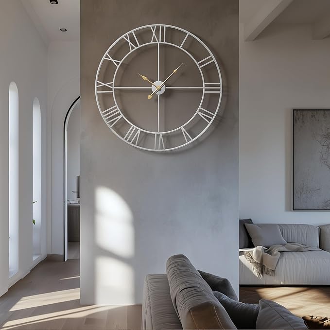 Large 36 Inch Wall Clock Silver, Modern Decorative Metal Wall Clocks for Living Room, Completely Silent Non Ticking Battery-Operated Roman Numeral Analog Round Clocks