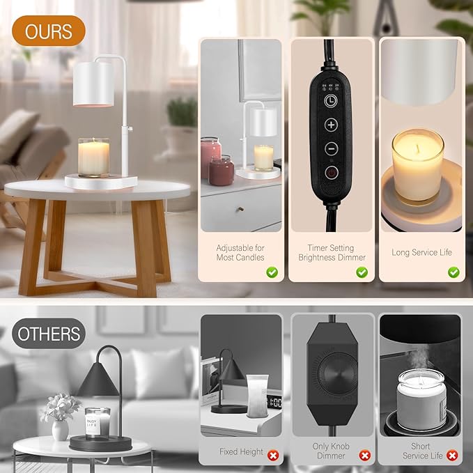 Candle Warmer Lamp Adjustable Height Dimmable Candle Lamp Warmer with Timer Compatible with Large Jar Candles No Flame Scented Candle Wax Warmer with 2 Bulbs White