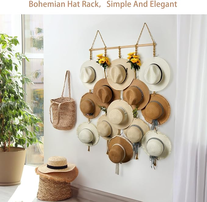 Macrame Hat Organizer Rack for Wall 15 Clips 31x53in Large Fedora Hat Hangers Display for Wide Brimmed Hat Holder Storage Boho Decor for Fedora Sun Straw Panama Closet Bedroom Brown