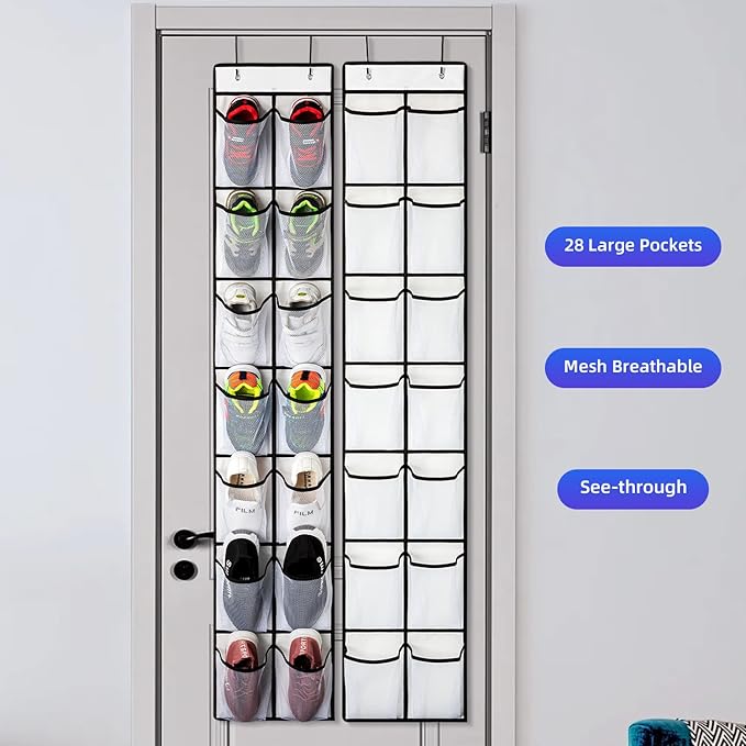 KEEPJOY Over the Door Shoe Organizer, Hanging Shoe Organizer with 4 Hooks, Shoe Holder with 14 Mesh Pockets Closet Door Shoe Storage Bag (White-2Pack)