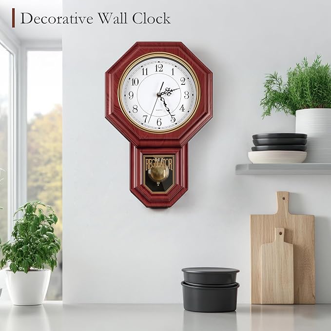 Regulator Wall Clock with Pendulum,Imitation Red Wood Plastic Wall Clock Battery Operated,Vintage Decorative Wall Clocks for Living Room,Farmhouse,Office,Bedroom,Kitchen,Wall Decor