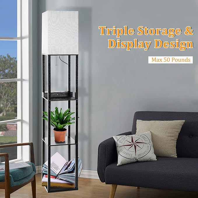 Dott Arts Floor Lamp with Shelves, Shelf Lamp with Wireless Charger & USB A+C Ports & 2 AC Outlets,3 Color Temperature Corner Tall Standing Floor Lamps for Living Room, Bedroom, Office (Black)