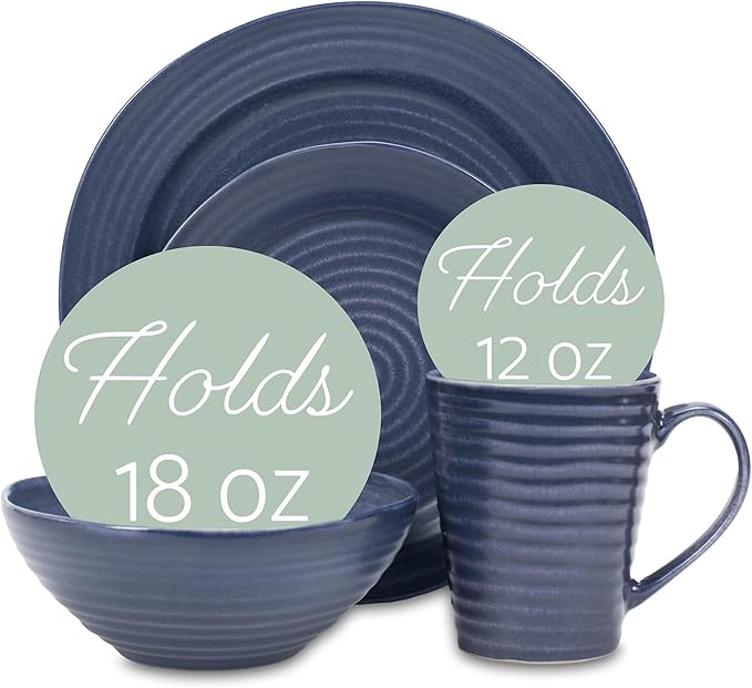 Elanze Designs Charming Chic Ribbed Modern Thrown Pottery Look Ceramic Stoneware Plate Platter Mug & Bowl Kitchen Dish Dinnerware 16 Piece Set - Service for 4, Navy Royal Blue