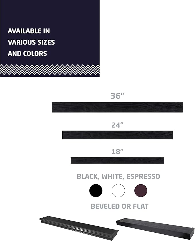 HIGH & MIGHTY 515664 Decorative 36" Floating Shelf Holds up to 25lbs, Easy Tool-Free Dry Wall Installation, Flat, eCommerce Packaging, Black