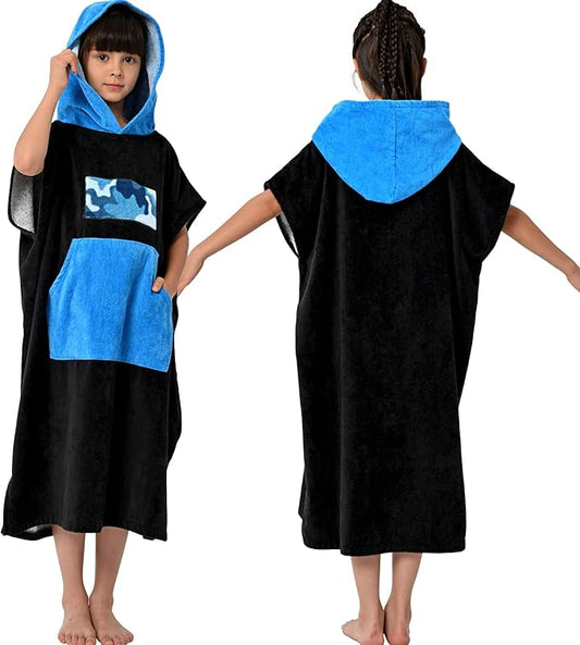 VOOVA & MOVAS Black Changing Robe for Teens,8-14Yearsï¼Thick 100% Cotton, Absorbent Hooded Towels for Girlsï½Boys,Surf Poncho for Pool, Beach, Bath,Swim