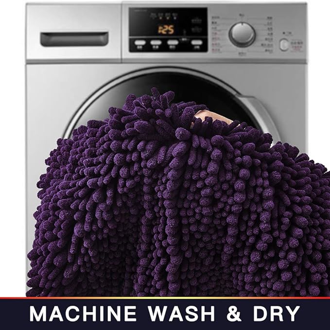 Walensee Bathroom Rug Non Slip Bath Mat (24x17 Inch Dark Purple) Water Absorbent Super Soft Shaggy Chenille Machine Washable Dry Extra Thick Perfect Absorbant Best Small Plush Carpet for Shower Floor