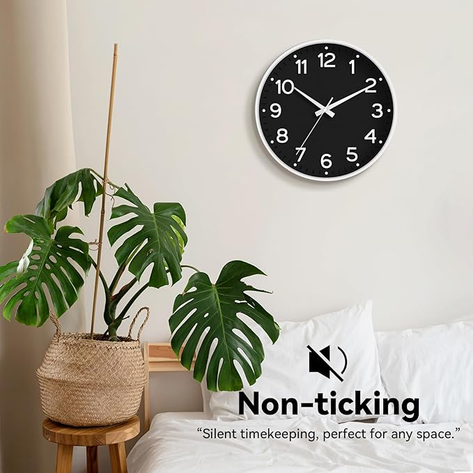 Wall Clock, Silent Wall Clocks Battery Operated 8 Inch-Modern Non Ticking Analog Clock Decorative for Kitchen Office Bathroom Bedroom(Black)