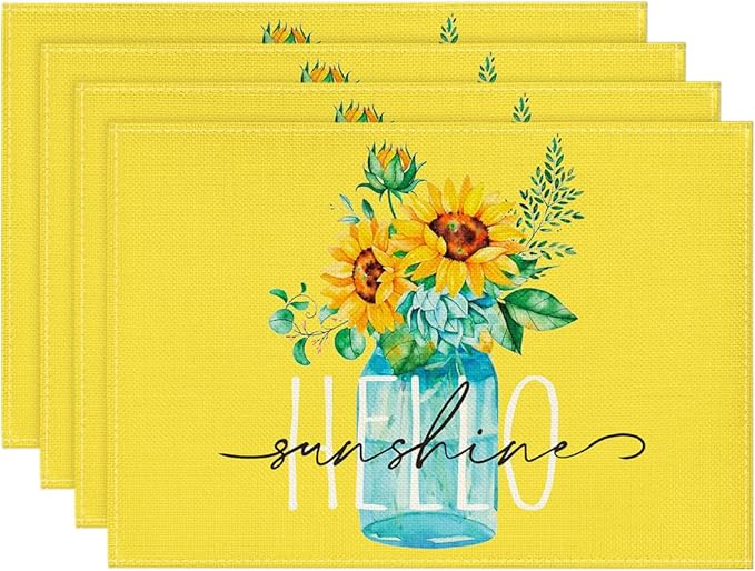Artoid Mode Yellow Hello Sunshine Sunflower Summer Placemats for Dining Table, 12 x 18 Inch Spring Seasonal Holiday Decoration Rustic Vintage Washable Table Mats Set of 4