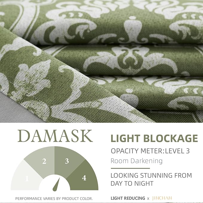 jinchan Room Darkening Curtains for Bedroom Sage Green Damask Patterned Curtains 84 Inch Length for Living Room Linen Textured Vintage Drapes Medallion Window Treatments Grommet Top 2 Panels Set