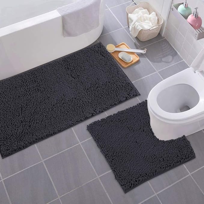Bathroom Rugs Sets 2 Piece, Luxury Chenille Bath Mat Set, Soft Plush Anti-Slip Bath Rug + U-Shaped Toilet Mat. Microfiber Shaggy Carpet, Super Absorbent (24” x 36” & 20” x 24” U, Charcoal)