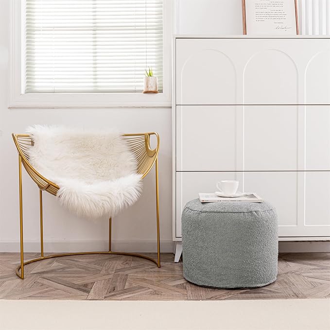 Asuprui Supportive Boucle Ottoman Foot Rest Elevate Your Living Room Decor with Lightweight Pouf Ottoman Filler and Comfort Cover Modern Foam Stuffed Poof Perfect to Rest Your Feet (Gray)