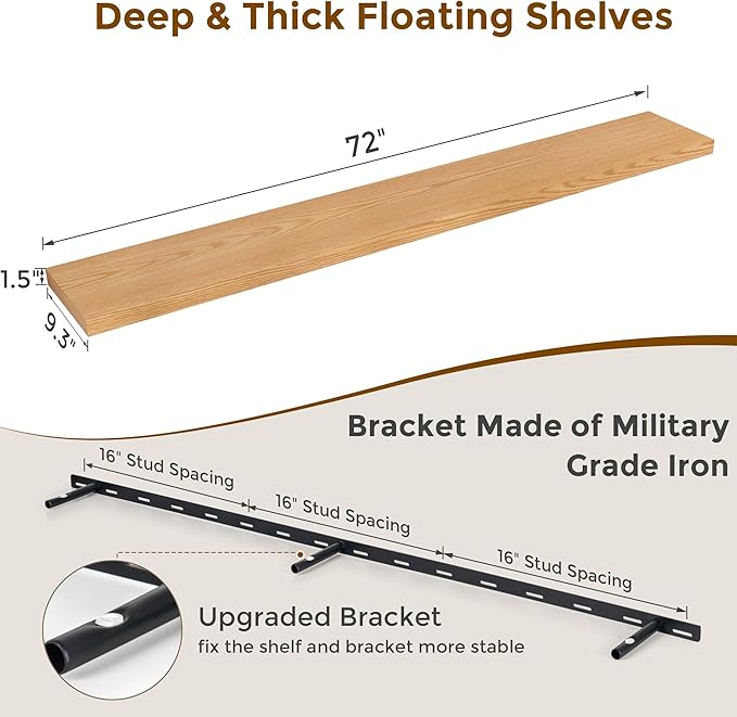 Oak Floating Shelves 72 Inch Long, 9.3" Deep Shelves Wall Mounted, 72"x9.3" Fireplace Mantel, Deep Storage Shelves for Home & Office, Rustic Large TV Stand - 9.3" D x 72" W x 1.5" H, 1 Pack