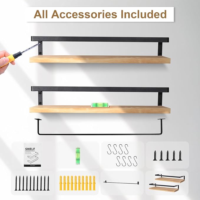 AGM Floating Shelves, Bathroom Shelf Set of 2, Wall Storage Shelf with Towel Bar & 8 Hooks, Wall Mounted Shelves for Bathroom, Bedroom, Kitchen, Living Room Decor