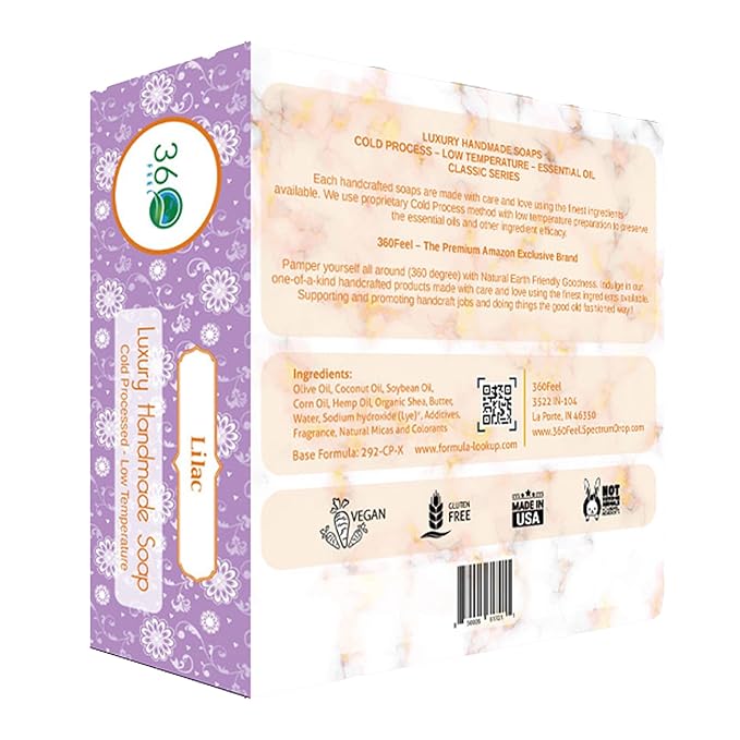 360Feel Lilac Soap - Handcrafted Castile Natural Soap Bar with a Floral Scent - Handmade with Essential Oils - An Ideal Gift for Anniversaries, Weddings, and Stockings - Rich Lather - 5 Ounce