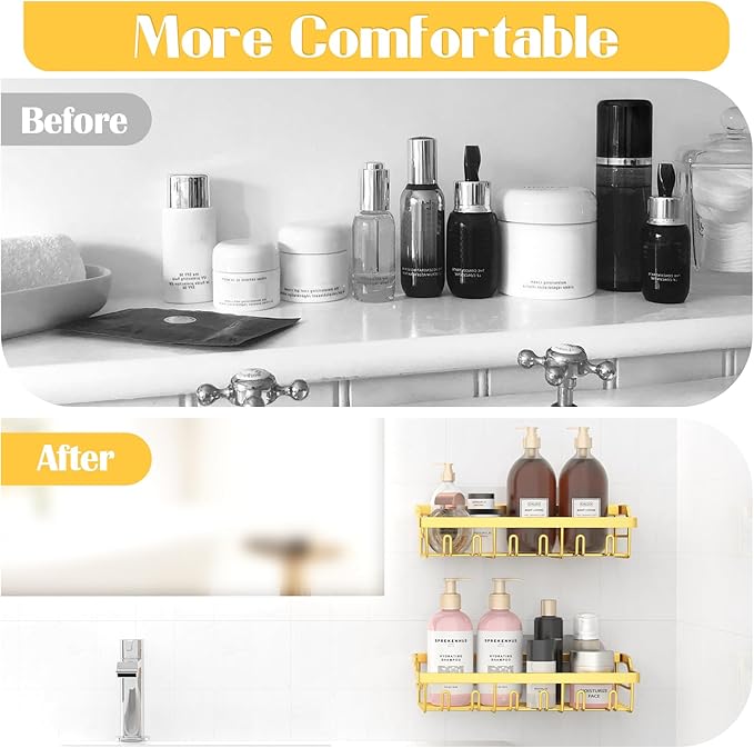 2 Pack Adhesive Shower Caddy, Rustproof Stainless Steel Shower Racks for Bathroom Organizers & Storage, Gold Wall Mounted Shower Shelves for Inside Shower Apartment Bathroom Essentials