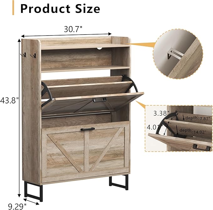 Shoe Cabinet with 2 Flip Drawers, Freestanding Hidden Shoe Storage Organizer for Entryway, Narrow Slim Shoe Rack Cabinet with Open Storage & Hooks for Front Door Entrance, Living Room, Hallway, Grey