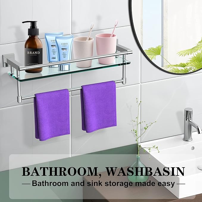 Bathroom Glass Shelf with Towel Rack Organizer Wall-Mounted Bathroom Storage SUS304 Stainless Steel Towel Bar/Track Wall-Mounted Tempered (Chrome Polished, 20-inch)