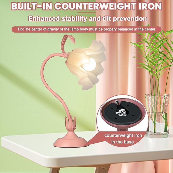 Flower Desk Lamp,LED Reading Light Bedside Vintage Flower Night Light,3 Colors Modes Cute Bedside Lamps Decor,Living Room Bedroom Room Kawaii Lighting Table Lamps Home Decoration (Pink)