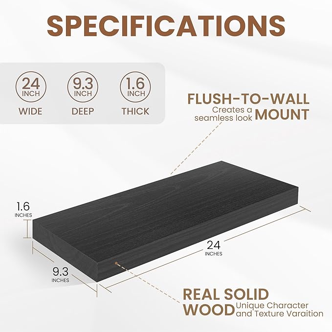 Black Floating Shelves 24 Inch Long, 9.3 Inch Deep Floating Shelves for Wall, Rustic Solid Wood Shelves, Deep Wall Shelves for Living Room, Bedroom, Kitchen, 24"W x 9.3"D x 1.6"H, Set of 2