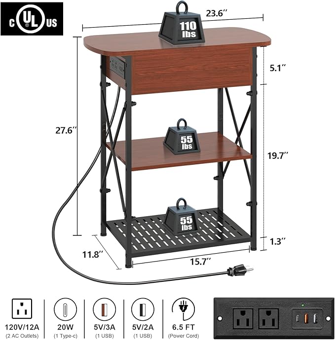 Narrow Side Table with Charging Station, End Tables Set of 2 for Small Spaces, Flip Top End Table with Storage, Side Tables Set 2 Living Room, Nightstand with Drawer for Bedroom, Cherry