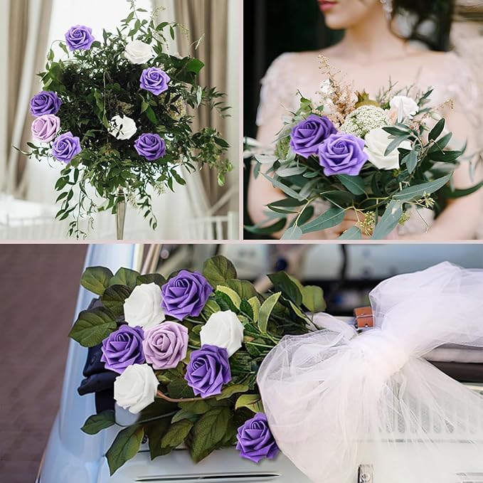 Artificial Flowers 50PCS Purple Roses Real Looking Foam Fake Roses with Leaves and for DIY Wedding Bouquets Bridal Shower Centerpieces Party Decorations (Purple Series, 50)