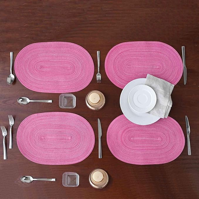 Noctiflorous Oval Braided Placemats Set of 6 Woven 12x18 Inch Non Slip Washable Heat Resistant Place Mats Tablemats for Dining Kitchen Party Daily Table Decor Dinner Mats (Hot Pink, 6)
