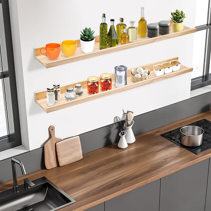 Long Floating Shelves Natural Wood, Picture Ledge Decorative Shelf 48 Inch, Large Wall Mount Photo Shelves Set of 2, Kitchen Unfinished Wooden Shelves for Bedroom Livingroom Bathroom,Pine Wood