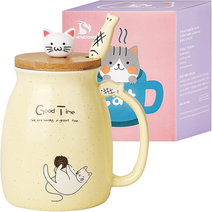 SHENDONG Cute Cat Mug Cat Cup Novelty Cat Mugs Cat Gifts for Cat Lovers Women Girl Kids Morning Office Cute Cat Cup Coffee Cup with Kawaii Kitty Lid and Spoon Japanese style Yellow 15OZ