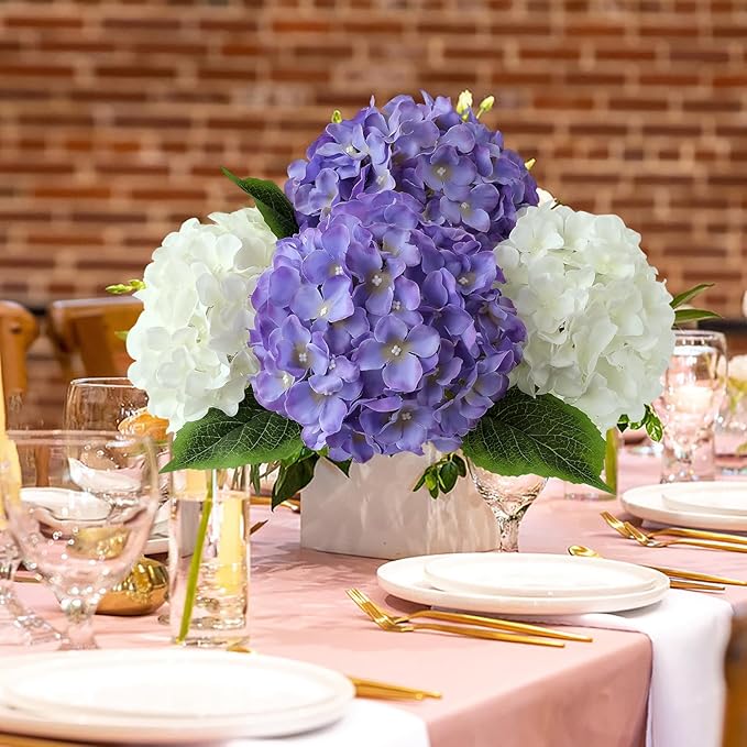 5Pcs Puple Artificial Silk Hydrangea Flowers, 20Inch Large Lifelike Faux Hydrangea with Stems Bouquet for Home Table Centerpieces Wedding Baby Shower Garden Party Decoration