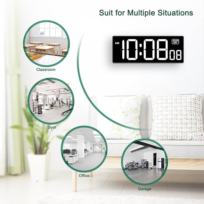 Soobest LED Digital Wall Clock with Seconds, Electric Clock Plug Auto DST Dimmer LED Large Display 10 Inches (White)