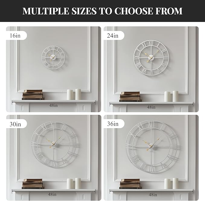Large 36 Inch Wall Clock Silver, Modern Decorative Metal Wall Clocks for Living Room, Completely Silent Non Ticking Battery-Operated Roman Numeral Analog Round Clocks