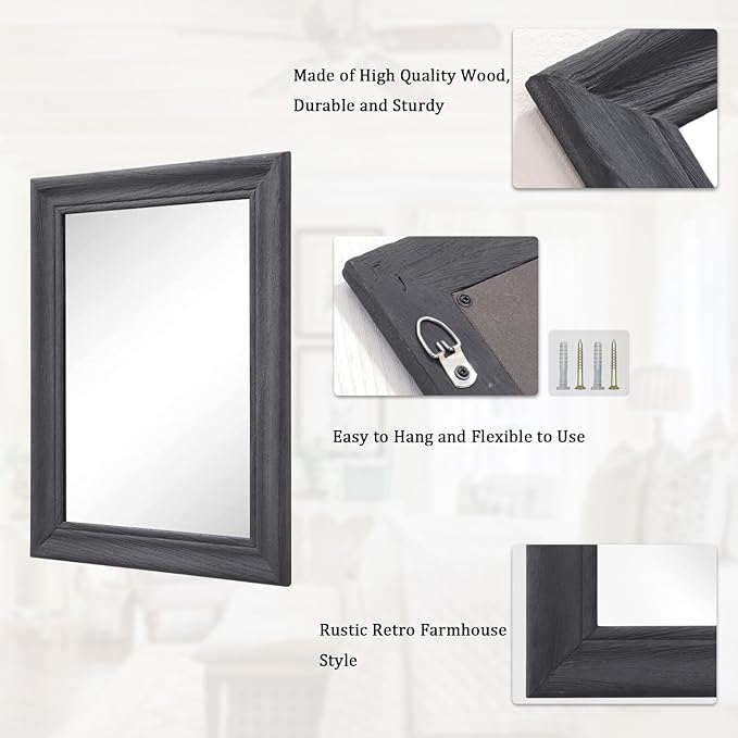 Retro Wall Mirror with Wood Frame Farmhouse Rectangle Hanging Mirrors Decorative for Bathroom Bedroom Living Room