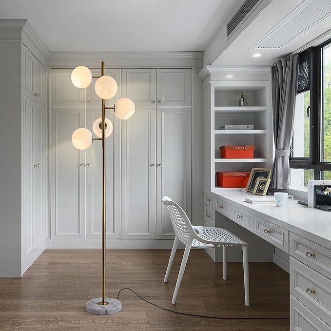 KCO Mid Century Modern Gold Floor Lamp 5 Globe Contemporary Brass Tall Free Standing Reading Lamp with White Glass Lampshade for Office Bedroom