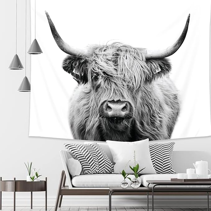 AMBZEK Bull Tapestry 51Hx59W Inch Western Wall Decor Highland Cow Wall Art Cattle Farmhouse Farm Animal Wildlife Rustic Country Funny Cute Milk Wall Hanging Bedroom Living Room Dorm Decor Fabric