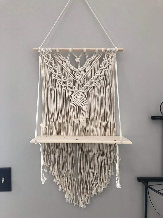 NORAS's ACCENT Macrame Wall Hanging Shelf - Boho Indoor Outdoor Hanging Shelves Organizer for Wall Decor - Decorative Bohemian Wall floating Storage Shelf for Plants, Handmade Cotton Rope Pine Wood