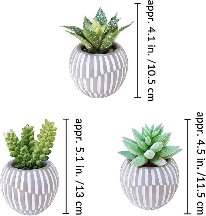 Winlyn Set of 3 Artificial Succulents Plants in Mini Gray and White Geometric Cement Pots Faux Potted Plants Aloe Pachyphytum Succulent Donkey Tail Small Plant for Home Office Table Shelf
