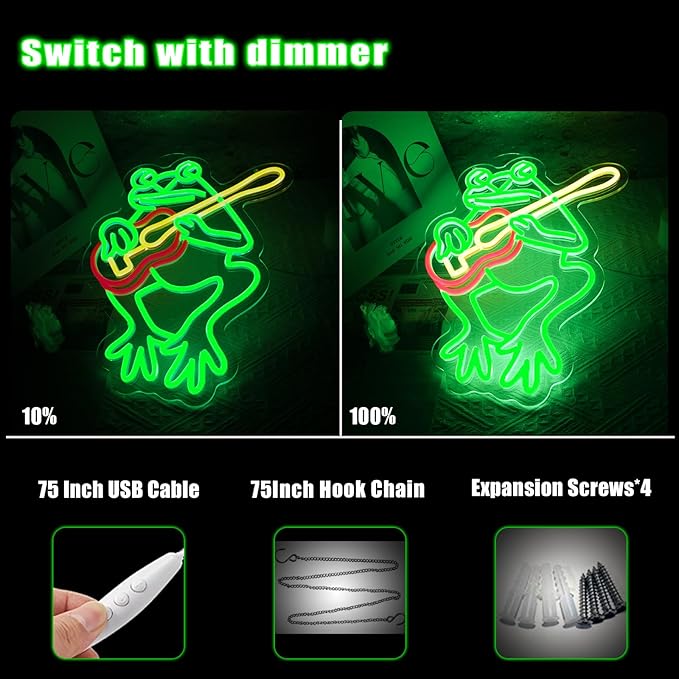 Frog With Guitar Neon Sign for Wall Decor Frog Led Wall Art for Live Music Concert Room Decor Guitar Lamp for Man Cave Decorations Gifts 16.4"×12.8"