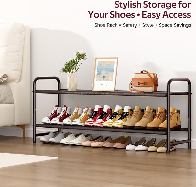 SLEEPING LAMB 2-Tier Shoe Rack for Closet, Long Stackable Wide Shoe Organizer Holds 18-Pairs Low Shoe Shelf Storage for Bedroom, Floor, Entryway (Bronze)